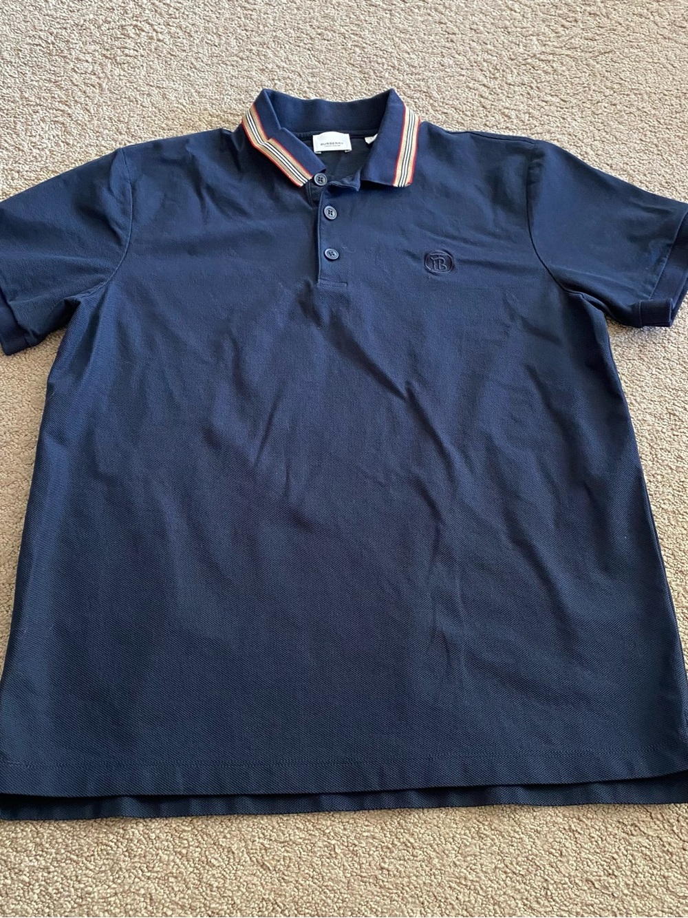 Burberry Navy Polo with Multicolor Stripe Collar